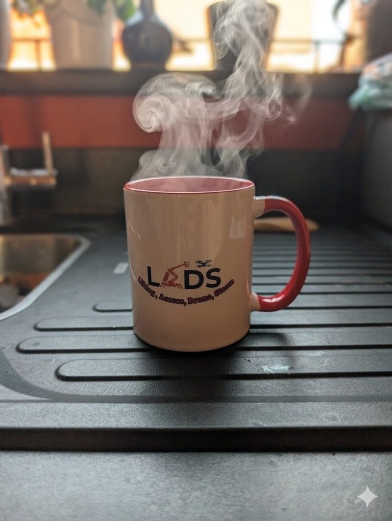 A steaming LADS mug on the draining board at the start of the working day