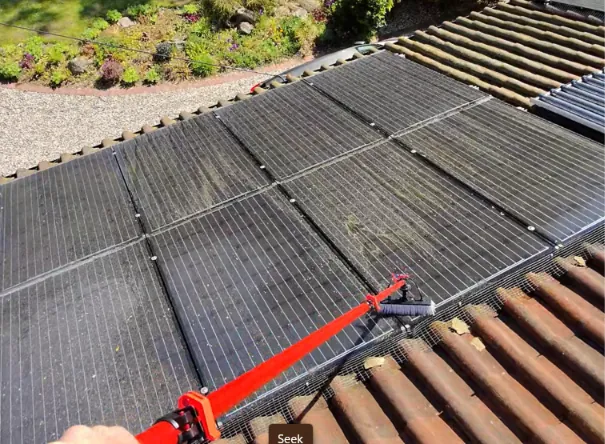 Moss and organic growth spreading across a solar array during cleaning