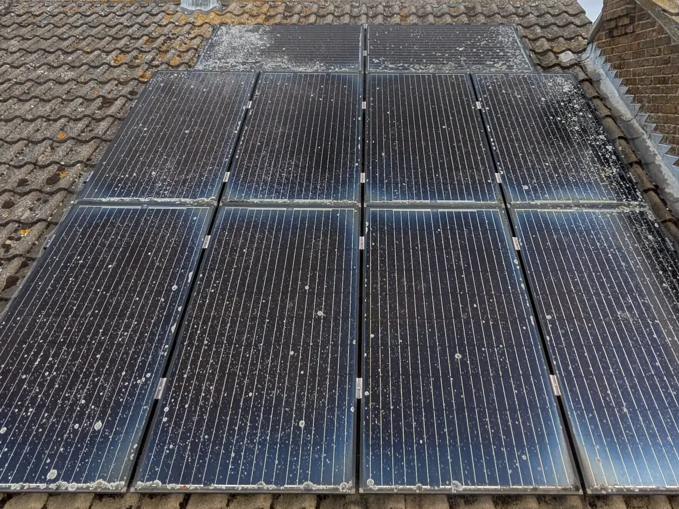 The rooftop solar array before cleaning, its glass dulled by dirt and bird droppings